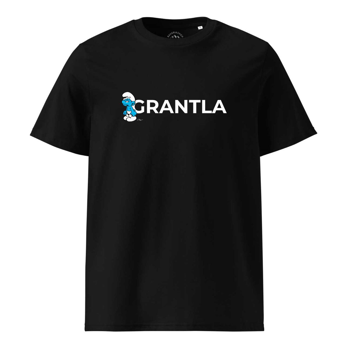 Die Schlümpfe Herren T-Shirt Grantla in Schwarz mit mürrischem Schlumpf und weißem Schriftzug am Oberkörper.