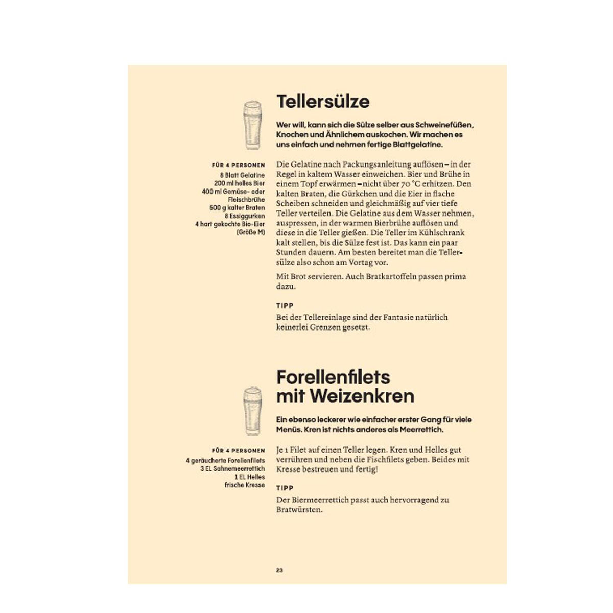 Seite aus "Das Bierkochbuch" mit Rezepten für Tellersülze und Forellenfilets mit Weizenkren.