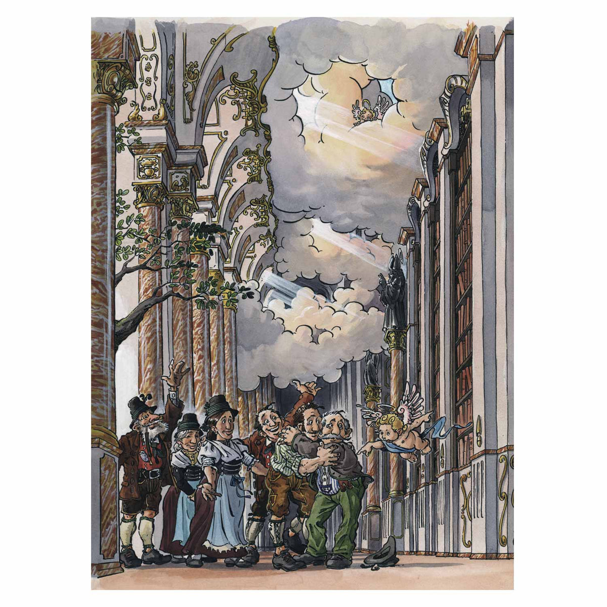Illustration "De Gschicht vom Brandner Kasper" mit Personen in Tracht vor einer Kirche und Blick gen Himmel.