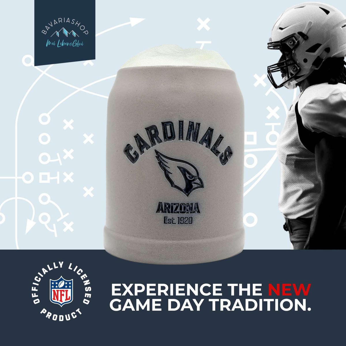 ®NFL PREMIUM Teamkrug "Arizona Cardinals" aus Steinzeug mit Logo und Schaum, daneben Football-Spieler.