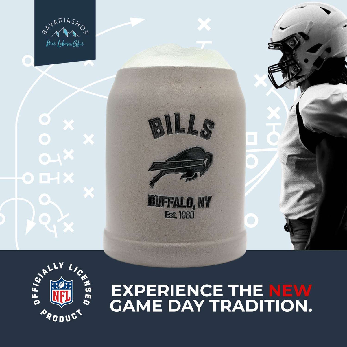NFL PREMIUM Teamkrug Buffalo Bills aus Steinzeug, gefüllt mit Schaum, vor einem Footballspieler-Hintergrund.