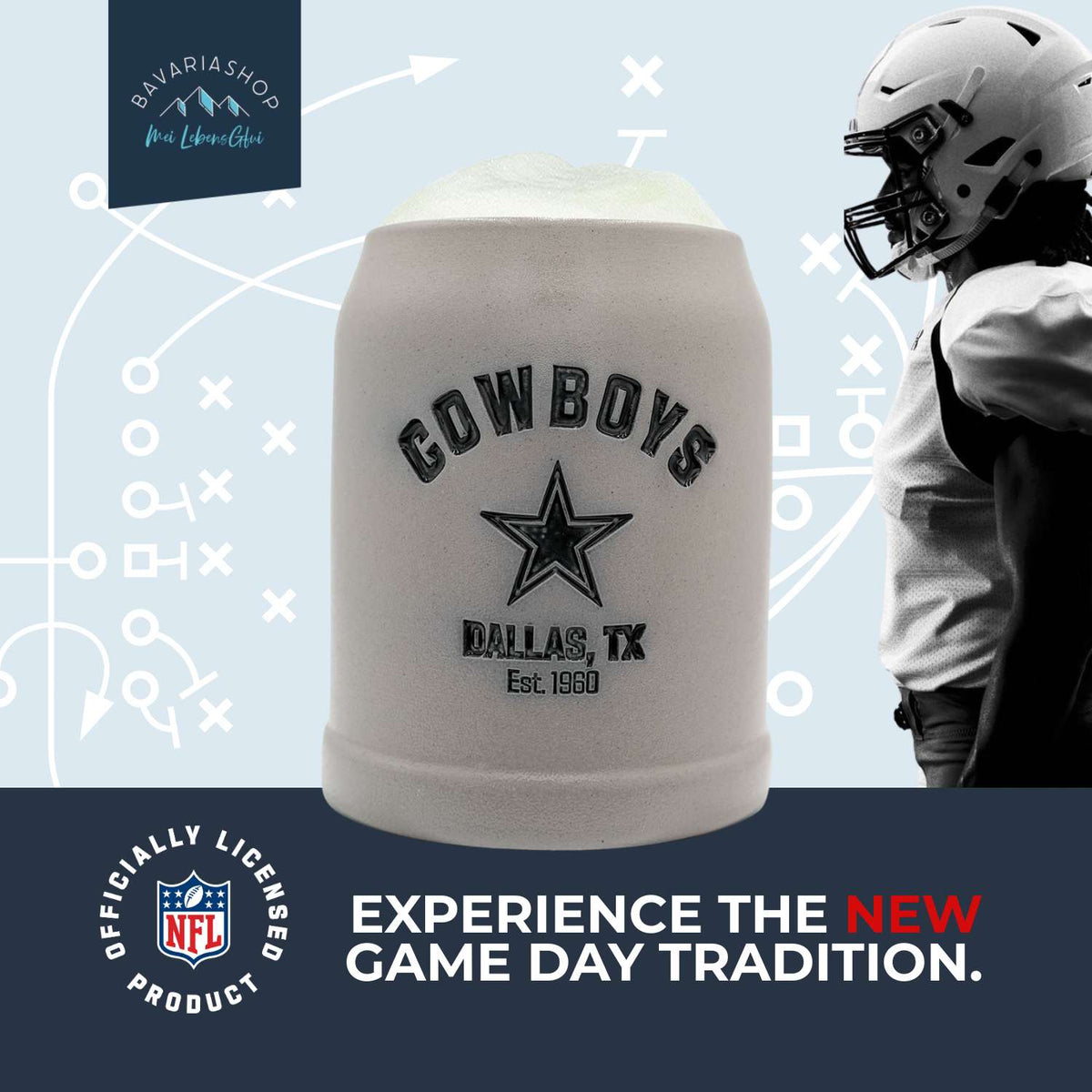 Grauer NFL PREMIUM Teamkrug Dallas Cowboys mit schaumigem Inhalt, vor einem Spieler mit Helm und Spielzugmuster.