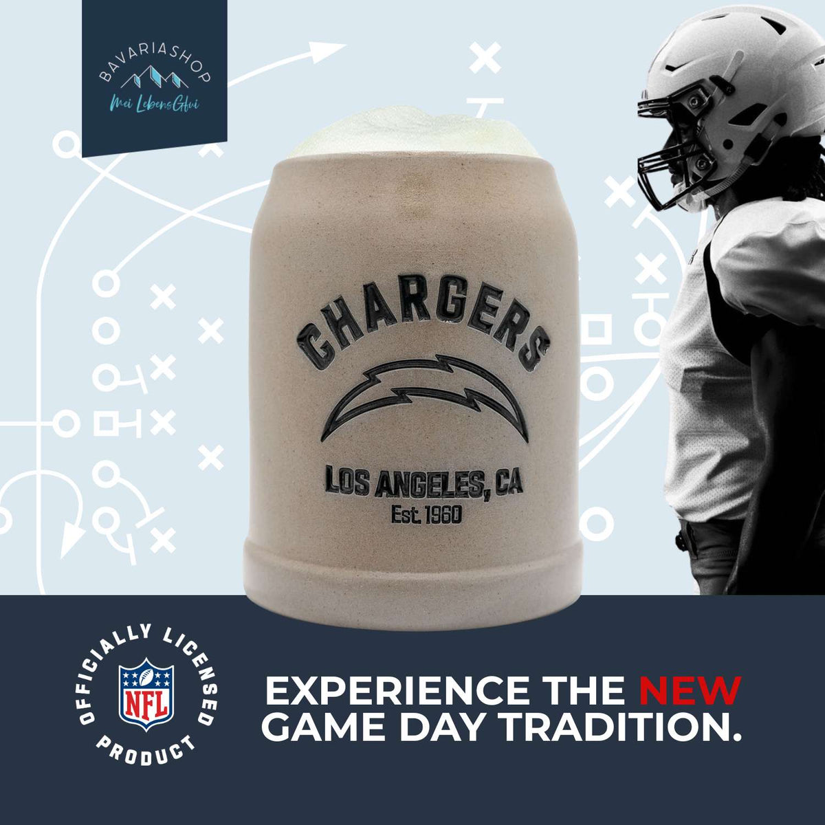 NFL PREMIUM Teamkrug Los Angeles Chargers aus Steinzeug, gefüllt mit Schaum, mit Chargers Logo und einem Footballspieler im Hintergrund.