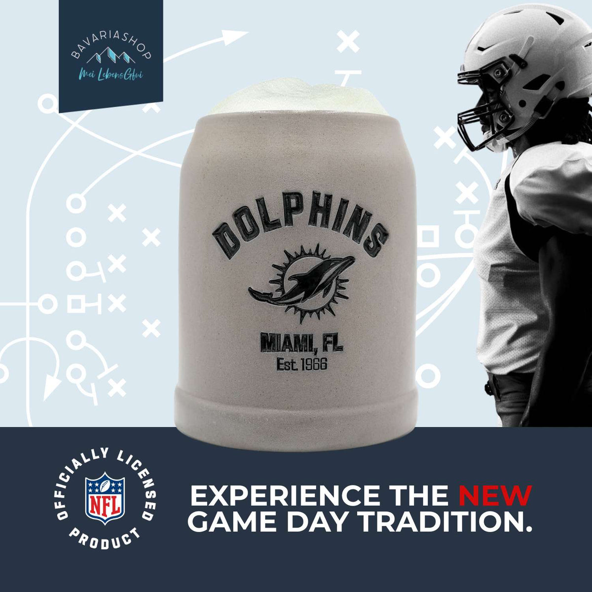 NFL PREMIUM Teamkrug Miami Dolphins, hellbeige mit eingeprägtem Dolphins Logo und Schriftzug, gefüllt mit Schaum.