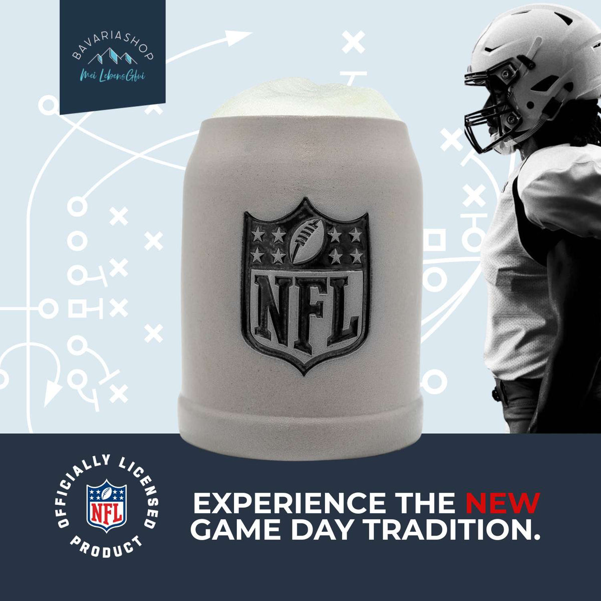 ®NFL PREMIUM Fan-Krug NFL Shield aus Steinzeug mit detailliertem NFL-Logo-Emblem und Schaumkrone.