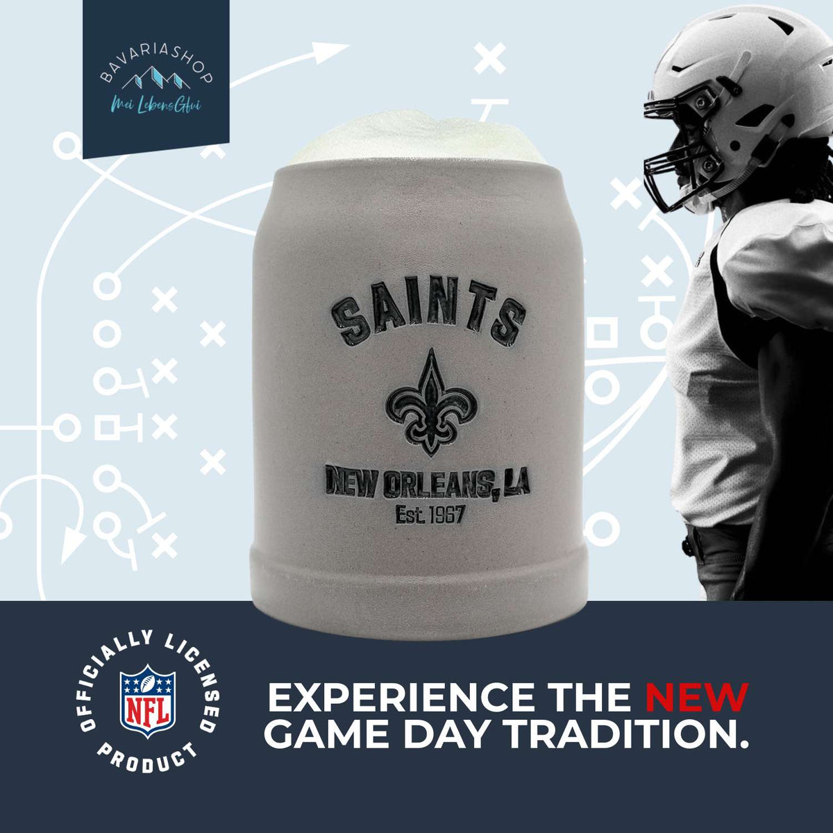 NFL PREMIUM Teamkrug New Orleans Saints, grauer Steinkrug mit Logo und Schriftzug, gefüllt mit Schaum.