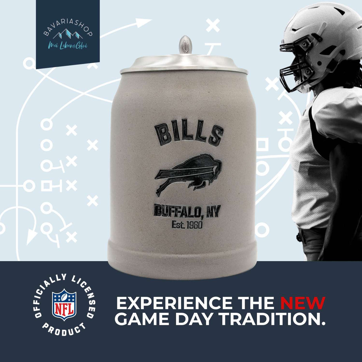 Grauer NFL PREMIUM Teamkrug Buffalo Bills mit Logo, "BUFFALO, NY Est. 1960" Schriftzug und Zinndeckel.