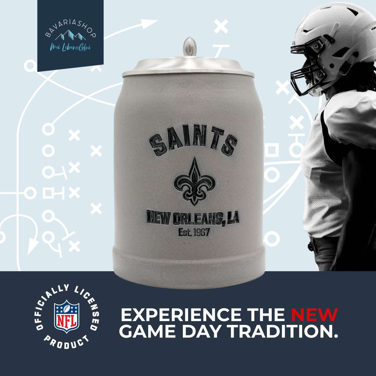 Premium NFL Teamkrug New Orleans Saints aus Steinzeug, mit Wappen, Spieler im Hintergrund, weißer Helm.
