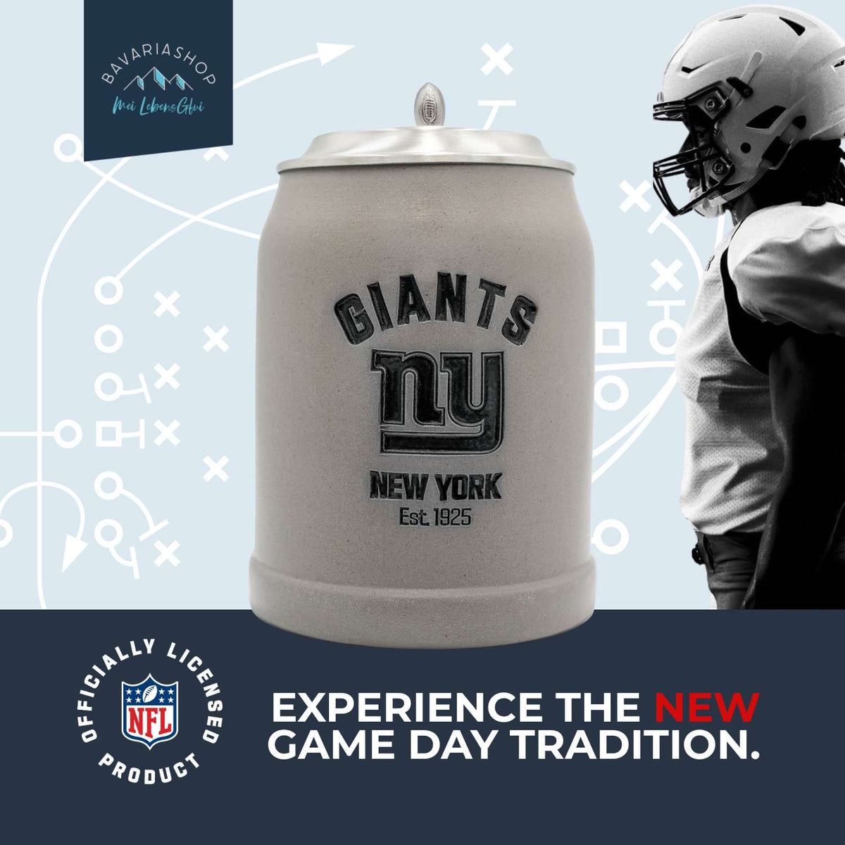 NFL PREMIUM Teamkrug New York Giants, grauer Steinkrug mit NY Giants Logo und Fußballspieler im Hintergrund.