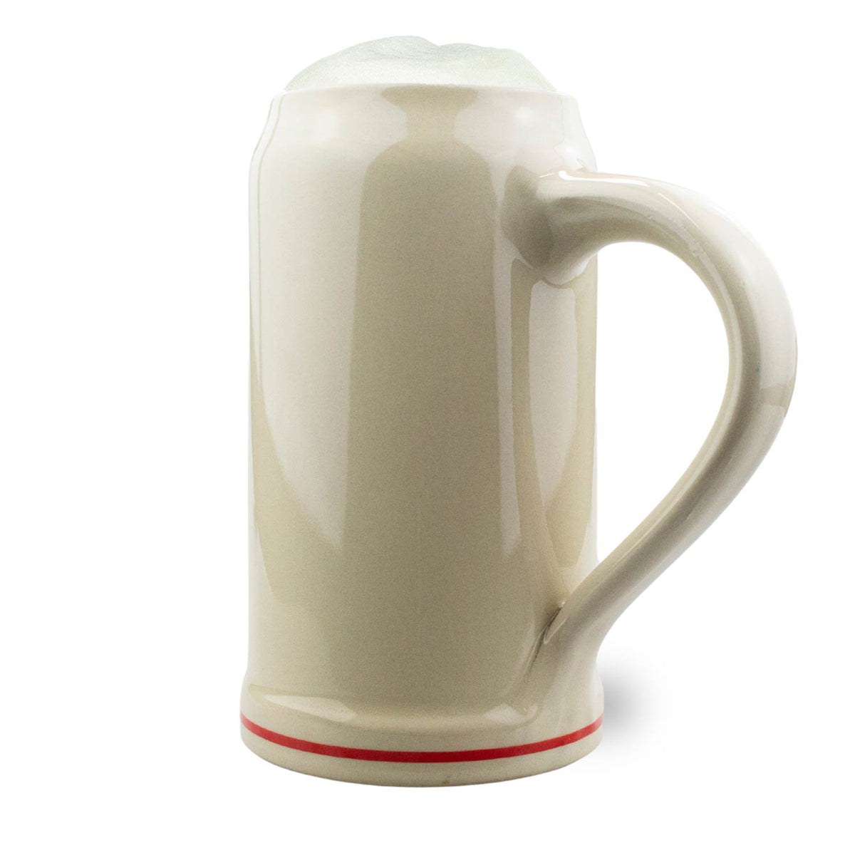Eleganter Offizieller Oktoberfestkrug 2023 aus Keramik mit cremefarbener Glasur und rotem Ring am Boden.