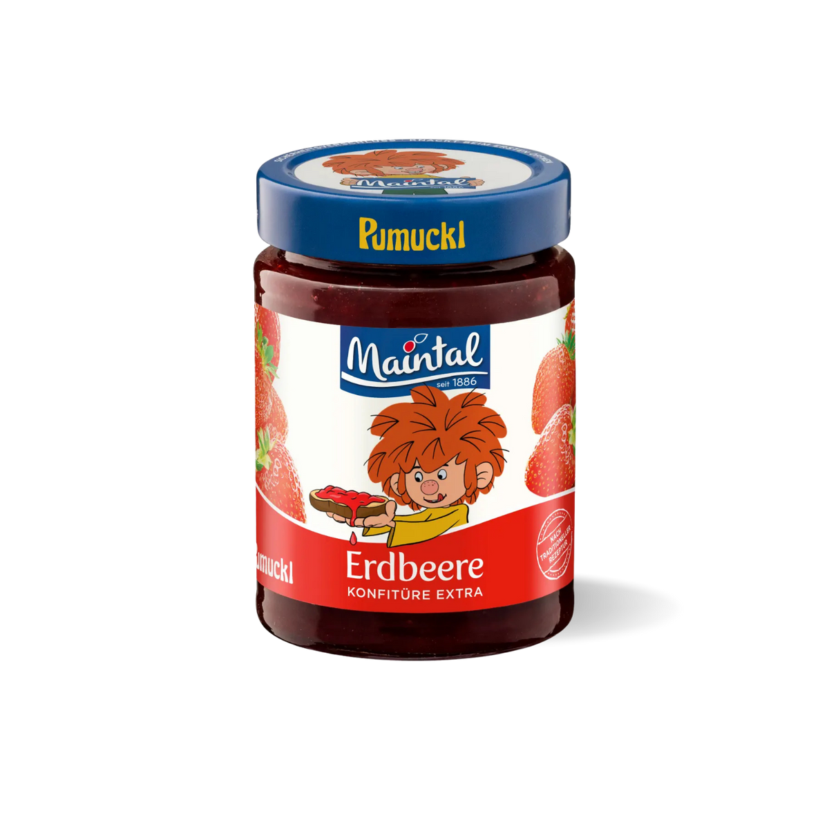 Pumuckl Erdbeer Konfitüre Extra im Glas mit blauem Schraubverschluss. Süße Marmelade für Kinder.