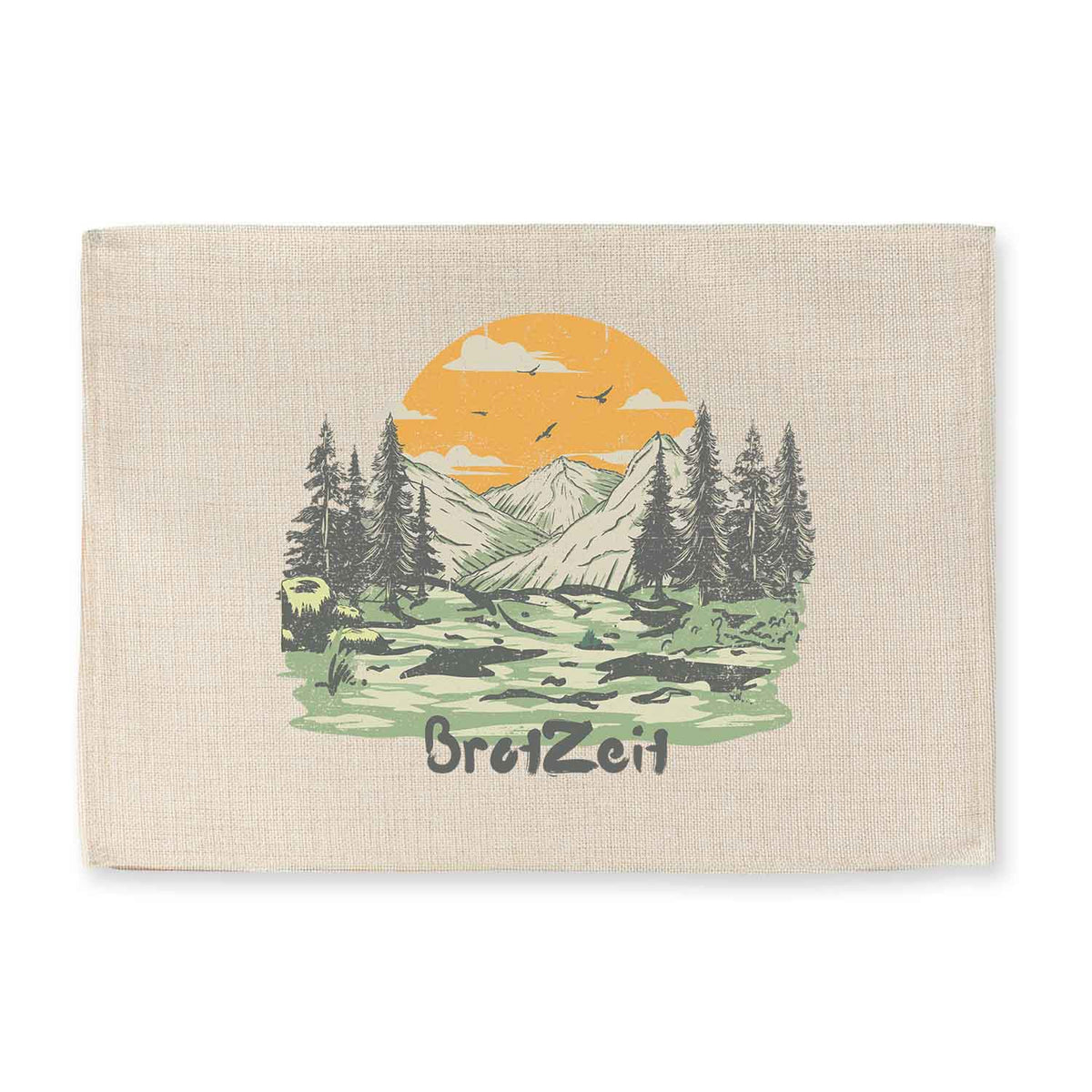 Tischset BrotZeit mit alpiner Landschaft, Bergen, Fichtenwald und Sonnenuntergang im Vintage-Stil.