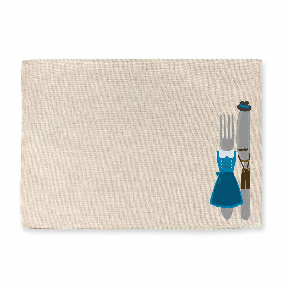 Tischset Trachtenbesteck mit Gabel im Dirndl und Messer in Lederhose auf beigefarbenem Hintergrund.