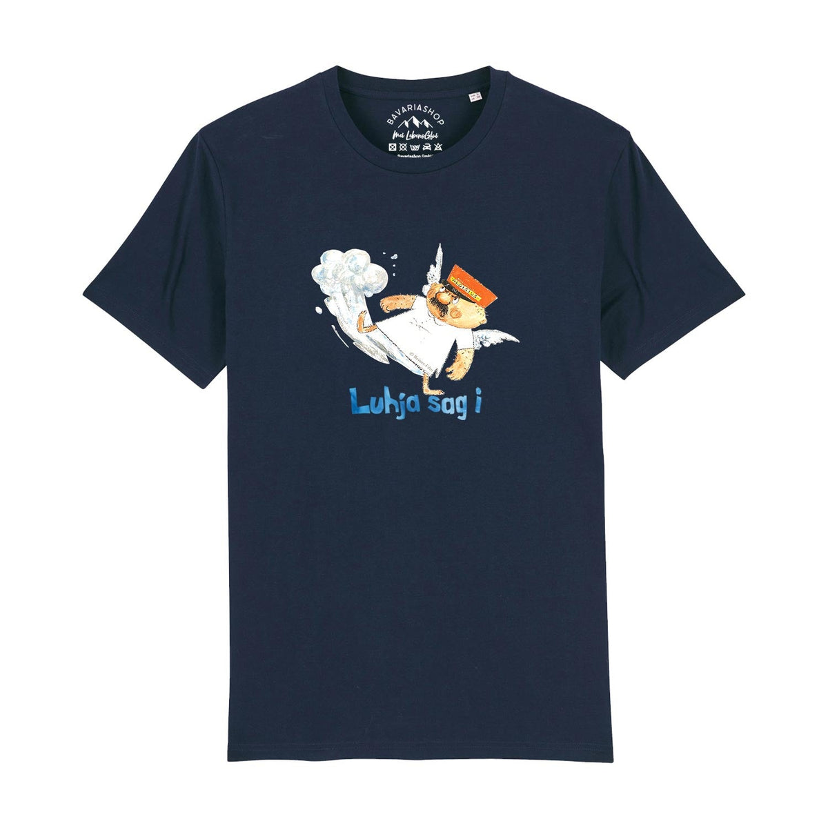 Dunkelblaues Engel Aloisius Herren T-Shirt Luhja sag i mit Cartoon Bavaria Engelmotiv und fließendem Wolkenmuster.