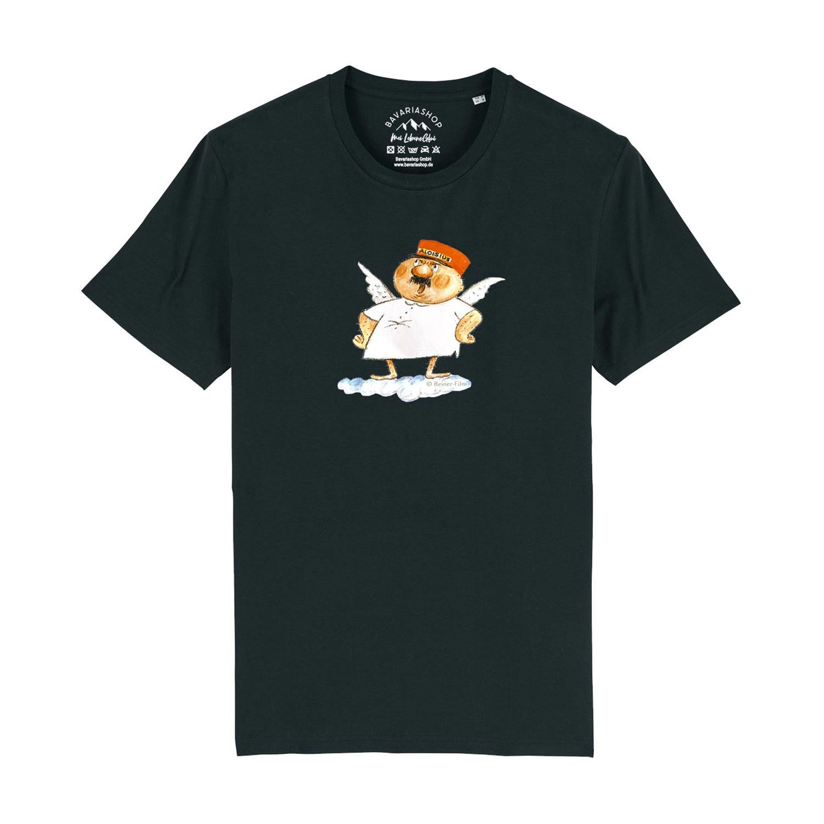 Dunkelgraues Engel Aloisius Herren T-Shirt Grantlhuaba mit Cartoon-Engel auf Wolke in Frontansicht.