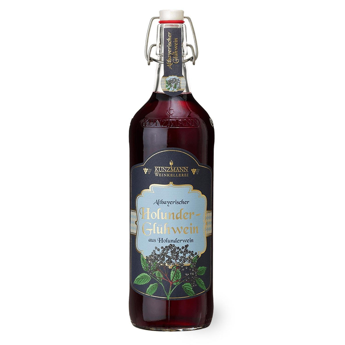 Flasche Altbayerischer Holunder Glühwein mit Bügelverschluss, Teil der Weihnachtsbox Prost, auf weißem Hintergrund.