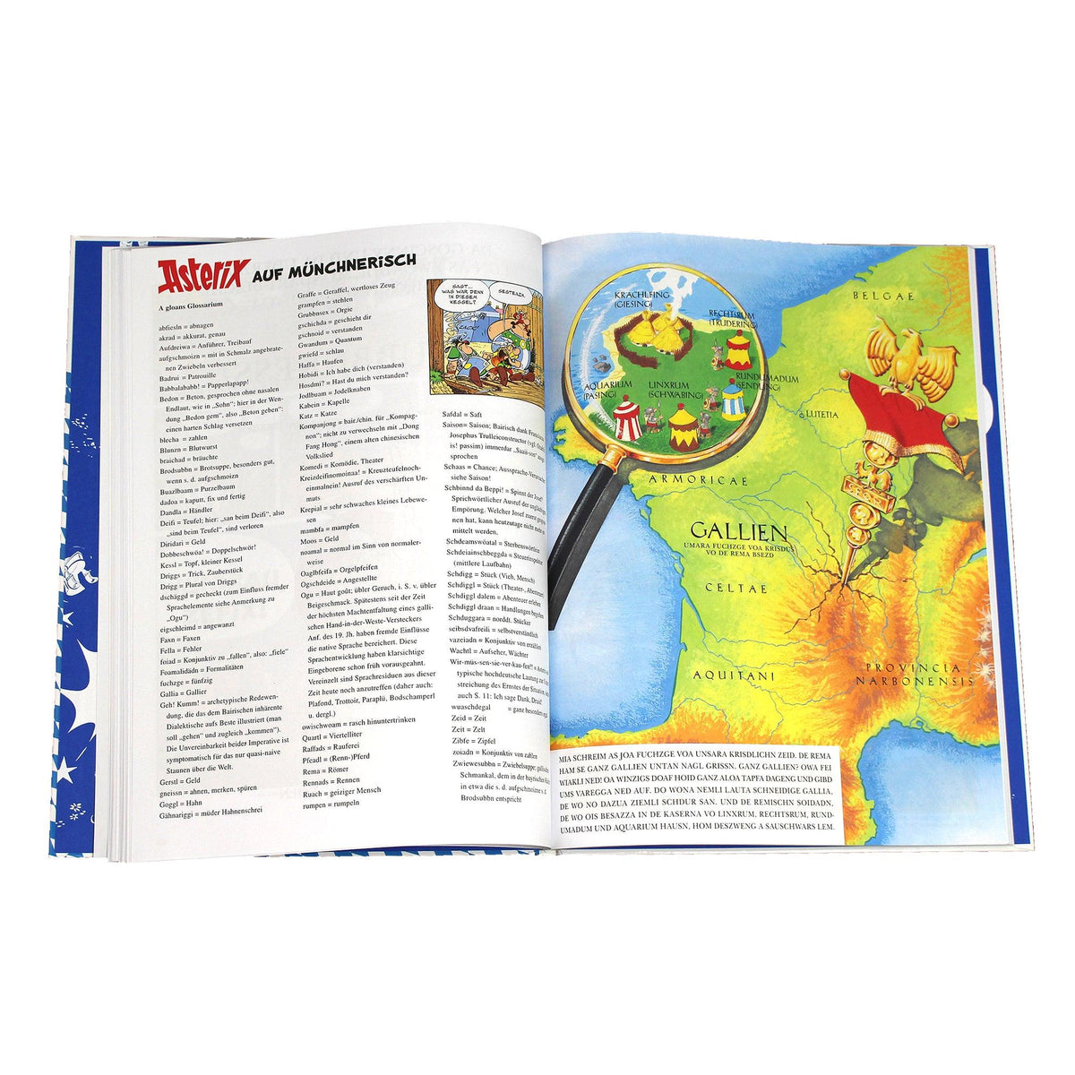 Detailaufnahme eines aufgeschlagenen Asterix-Comics "Asterix auf Münchnerisch" mit Glossar und Gallien-Karte.