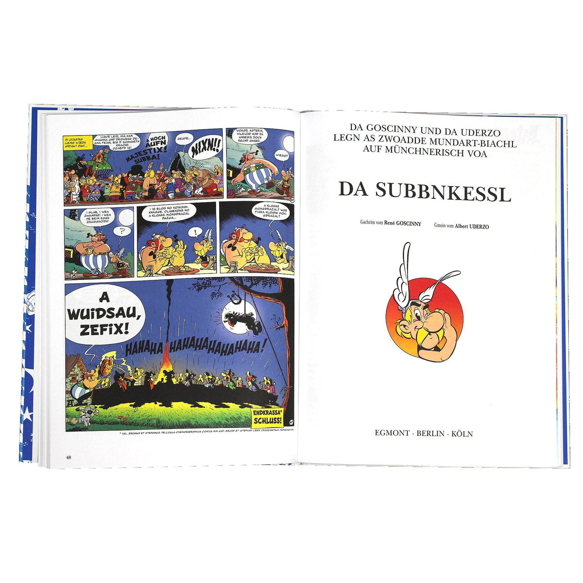 Offene Seiten eines Asterix Mundart-Buchs "Da Subbnkessl" auf Münchnerisch mit bunten Comics, Text und Copyright auf Deutsch.