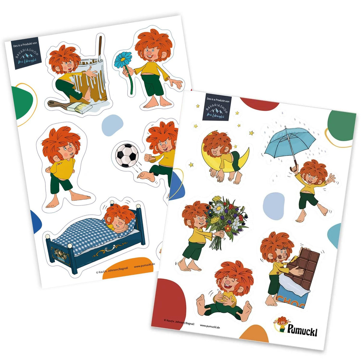 Zwei Bögen ®Pumuckl Sticker Set mit dem Kobold bei verschiedenen Aktivitäten, wie Malen, Fußball und Schlafen.