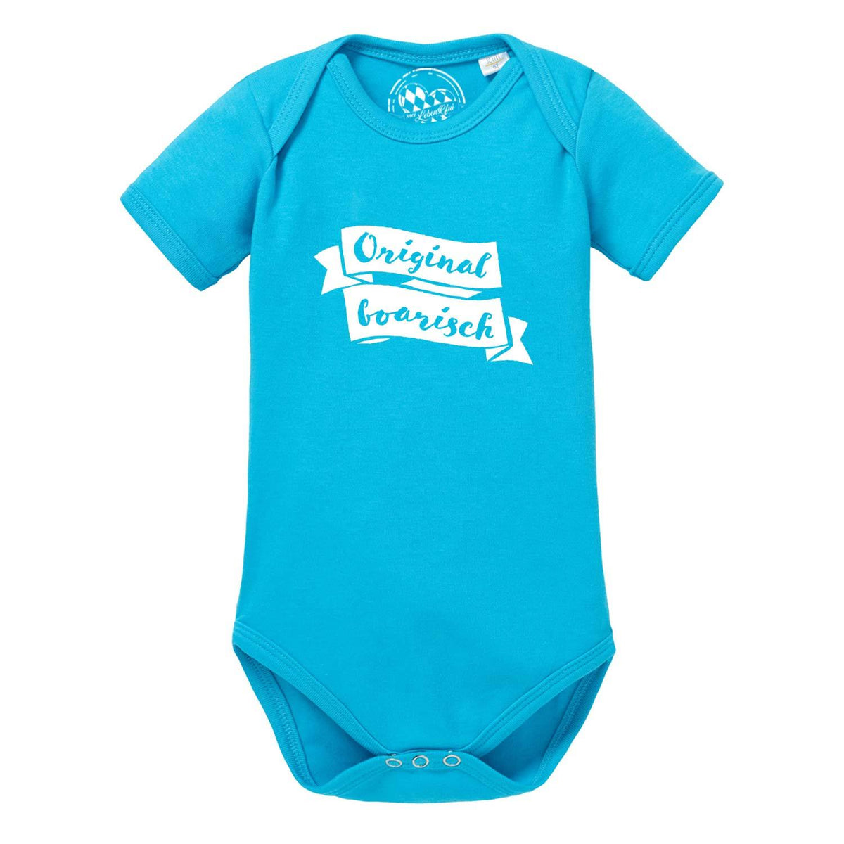 Blauer Baby Body "Original boarisch" aus Baumwolle mit weißem Schriftzug und Druckknöpfen im Schritt.