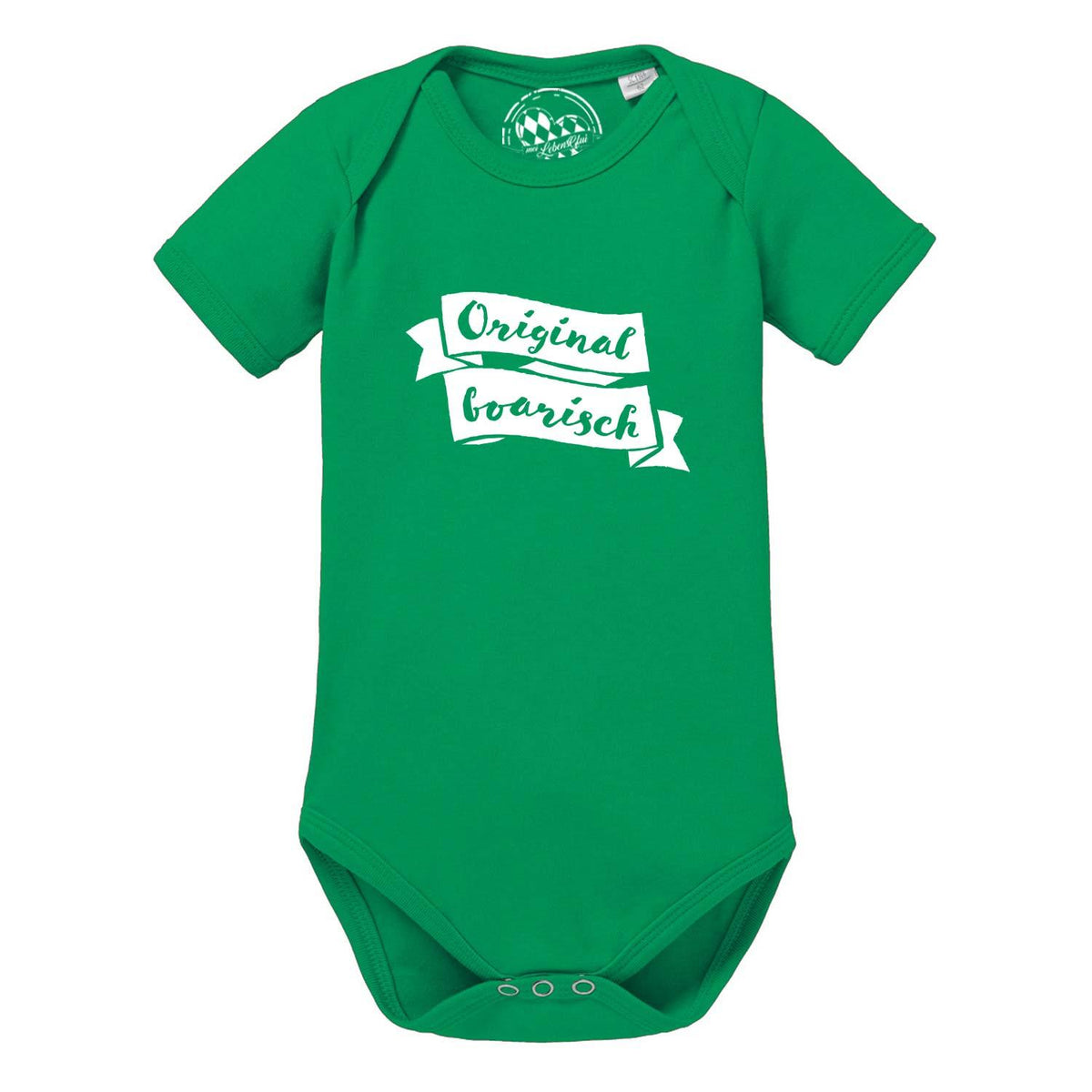 Grüner Baby Body Original boarisch aus Baumwolle mit weißem Schriftzug, kurzärmelig und Druckknöpfen.
