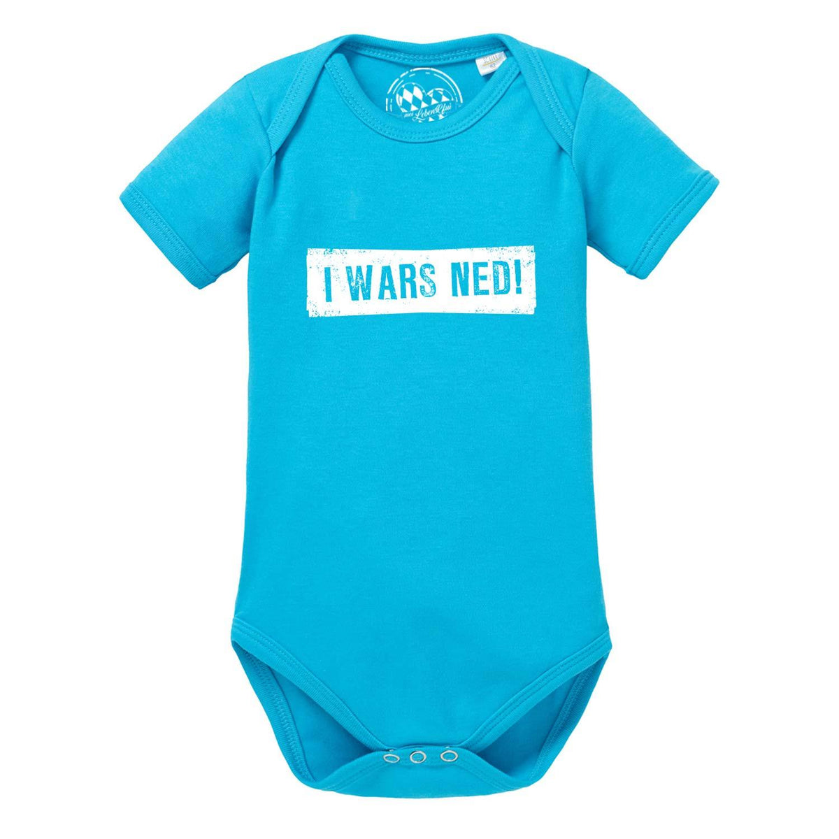 Baby Body I wars ned! in leuchtendem Türkis mit weißem Schriftzug, kurzärmlig und drei Druckknöpfen.