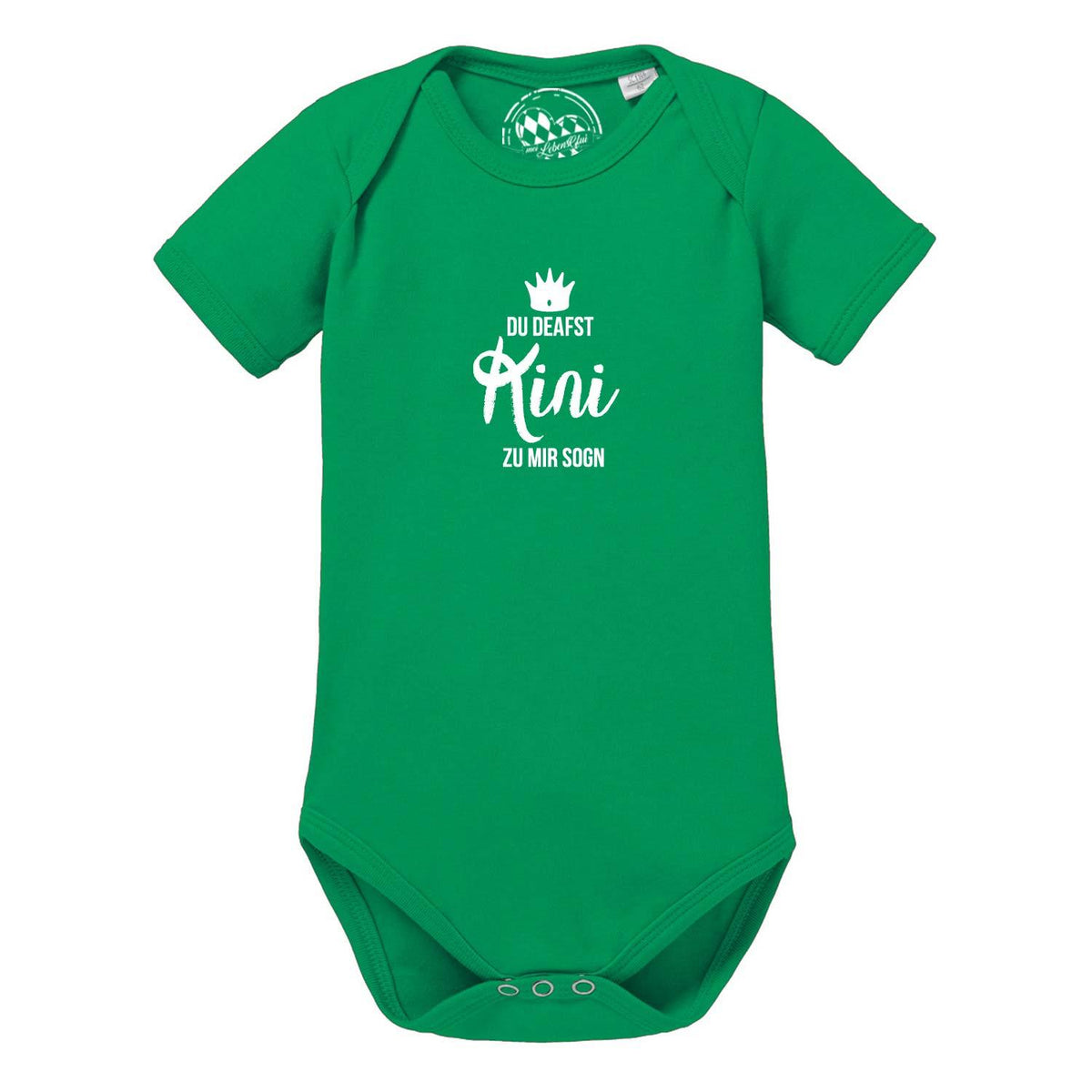 Grüner Baby Body "Kini" aus Bio-Baumwolle mit witzigem weißem Aufdruck und Krone.