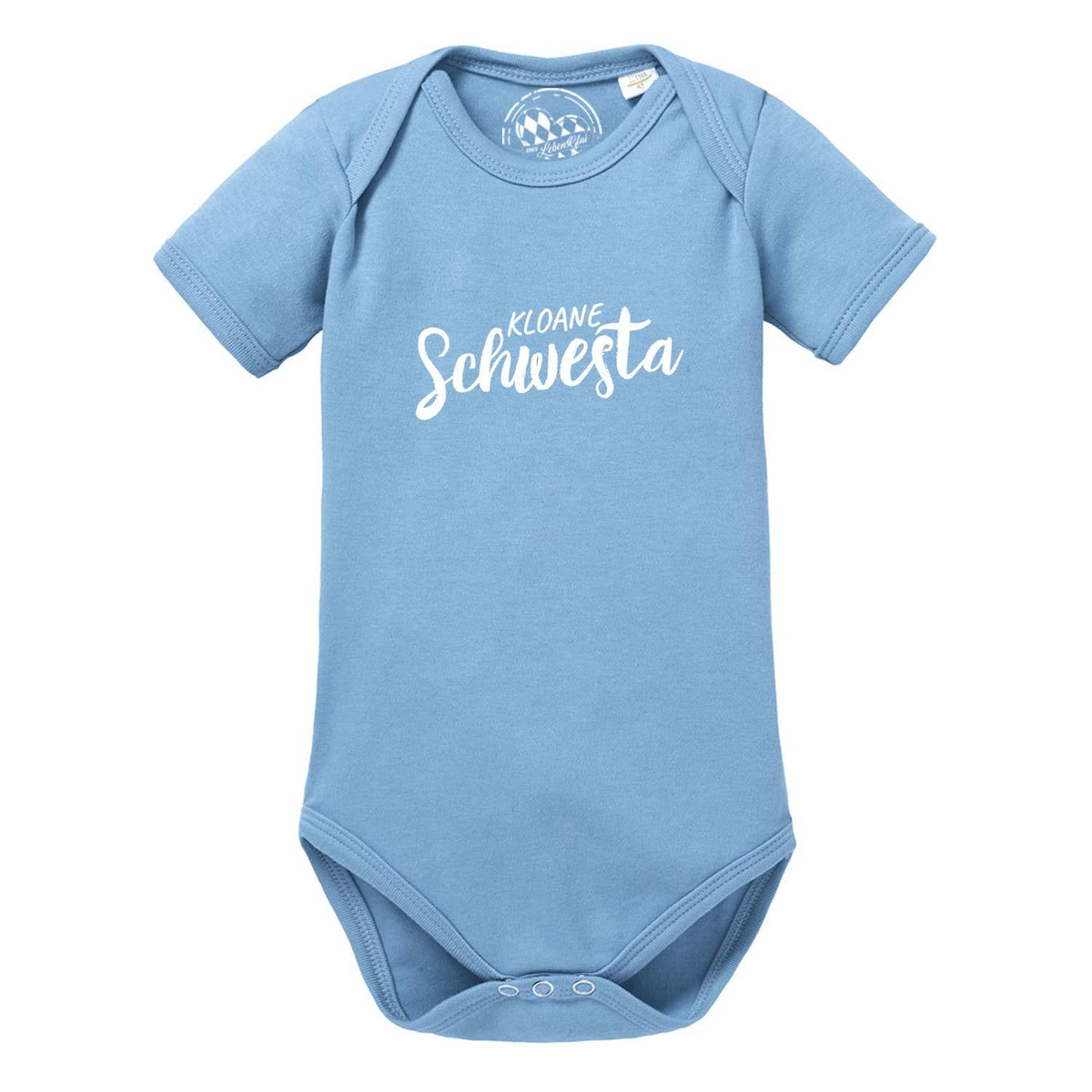 Baby Body Kloane Schwesta in Himmelblau mit weißem Schriftzug für Mädchen.