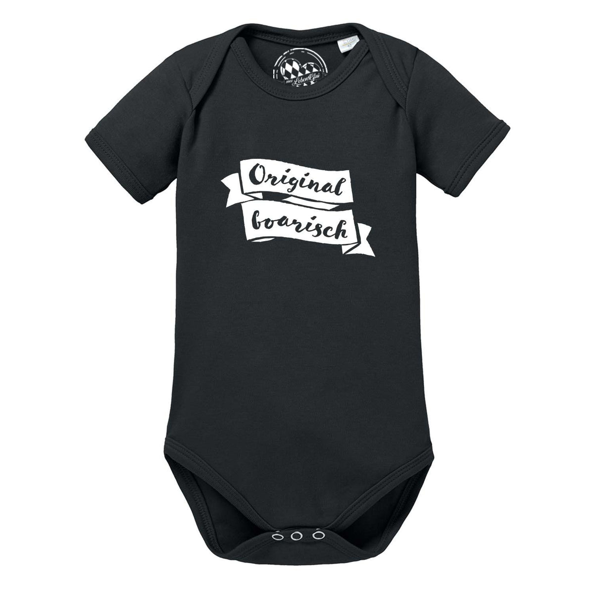Schwarzer Baby Body "Original boarisch" aus Baumwolle mit weißen Schriftzug-Bändern, Trachten-Babykleidung