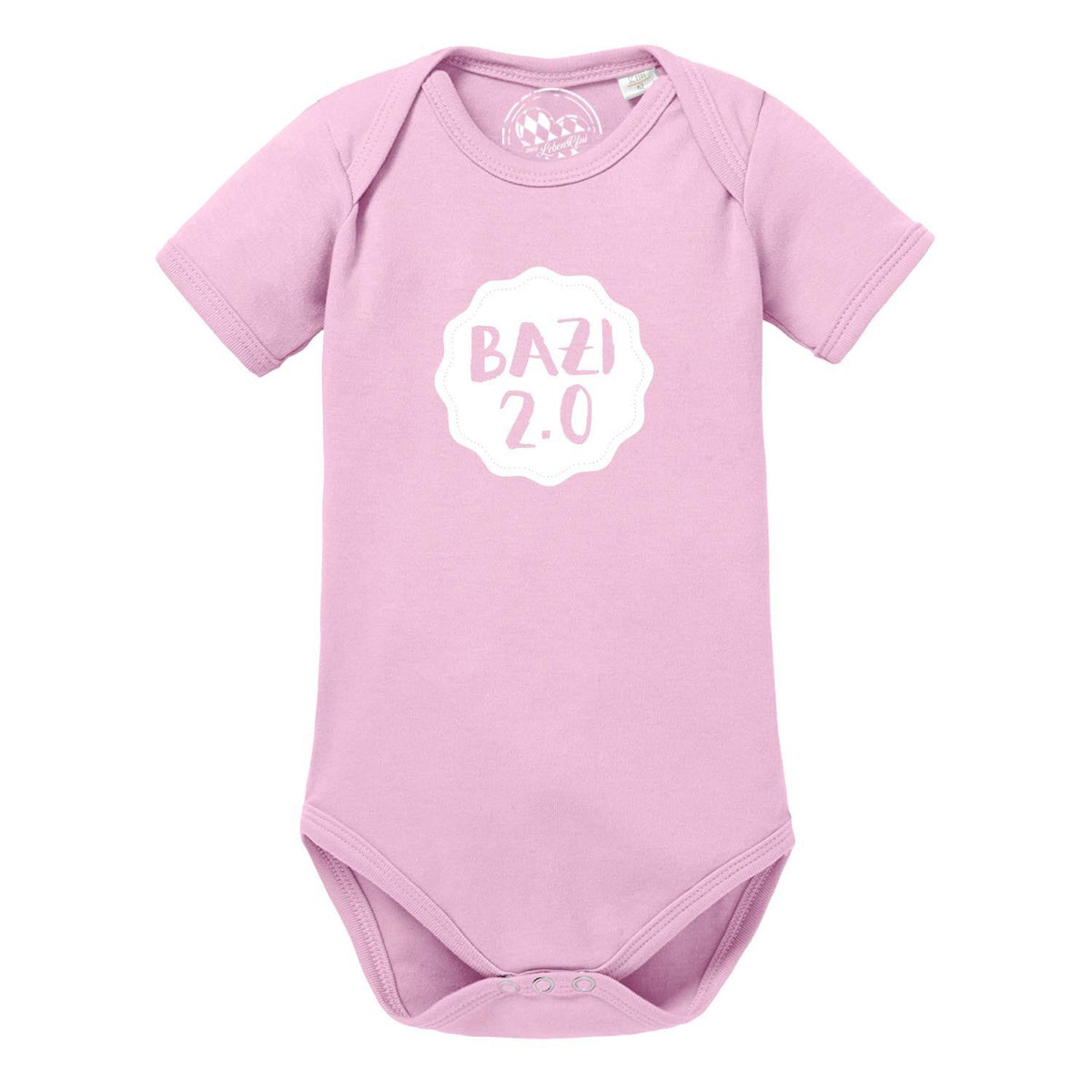 Rosa Baby Body Bazi 2.0 aus Bio-Baumwolle mit weißem Aufdruck und kurzen Ärmeln.