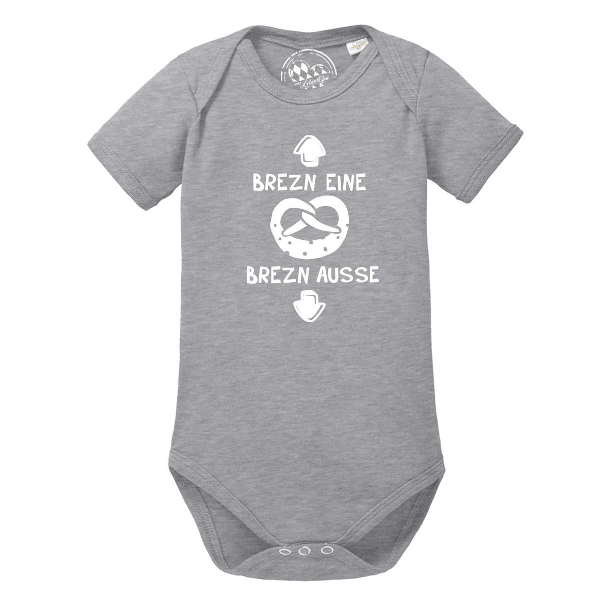 Grauer Baby Body "Brezn" mit weißem Brezn-Motiv und lustigem Spruch für Jungen und Mädchen.