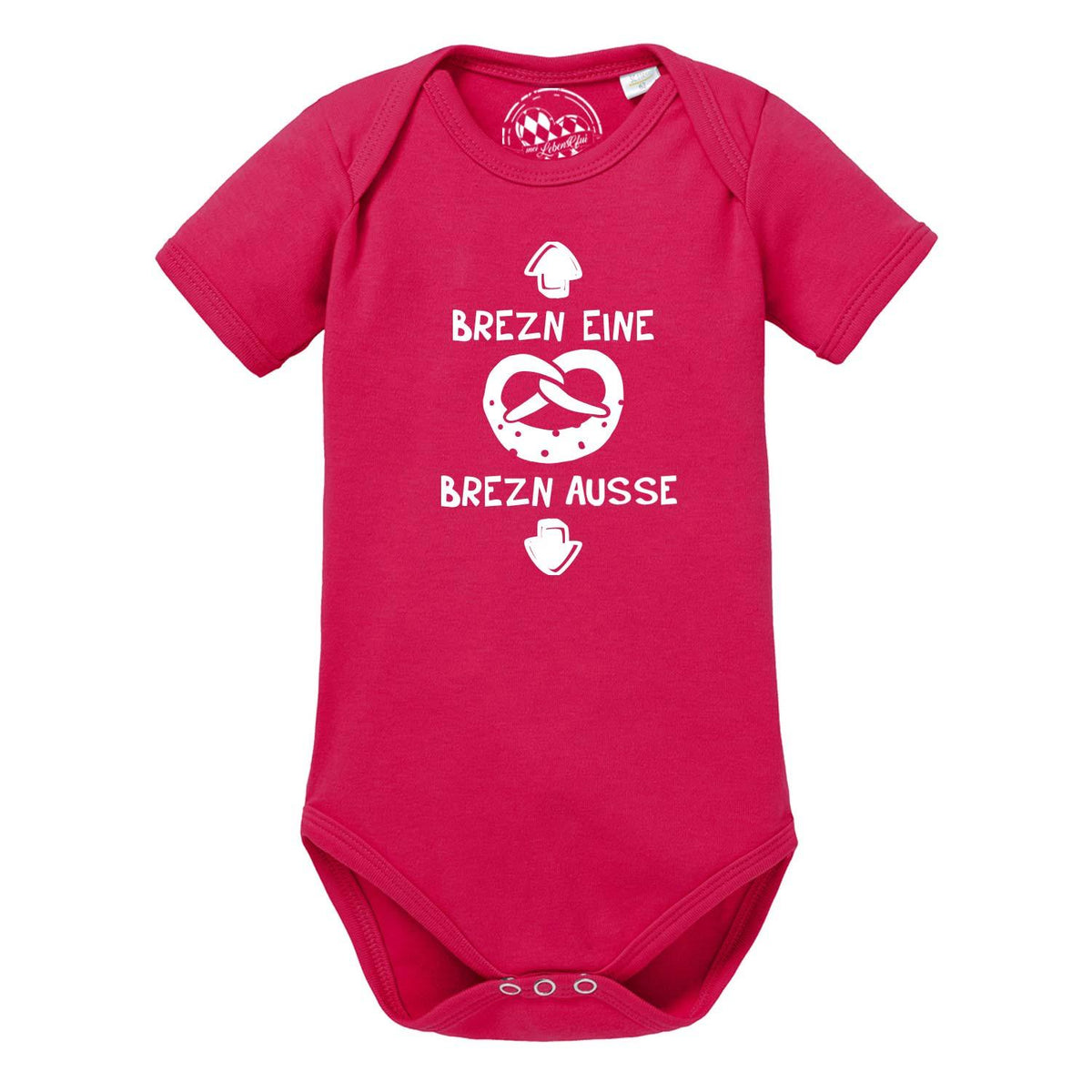 Roter Baby Body "Brezn" mit weißem Brezel-Motiv und Schriftzug vorne.