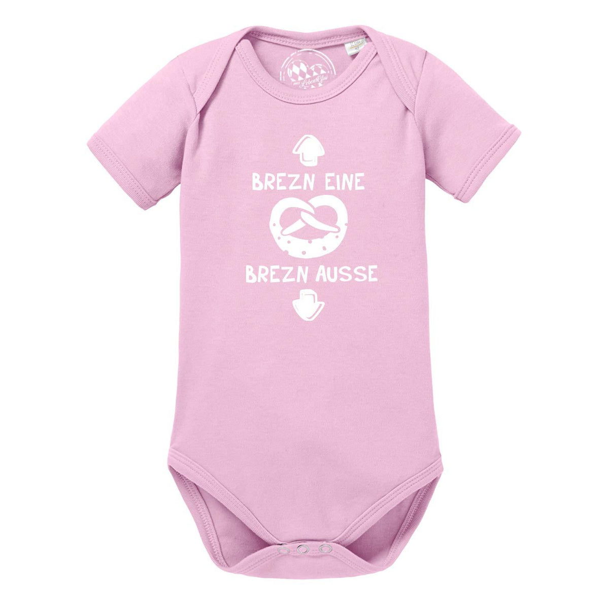 Rosa Baby Body Brezn mit weißem bayerischem Brezel-Spruch und Druckknöpfen, kurze Ärmel aus Baumwolle.