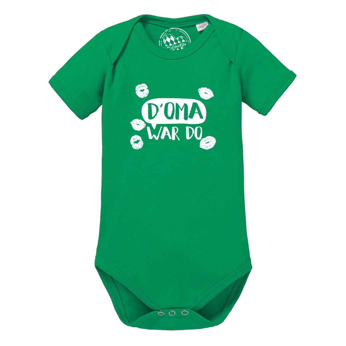 Grüner Baby Body D' Oma war do mit weißem Schriftzug und Kussmund-Motiven, bequemer Strampler für Neugeborene.