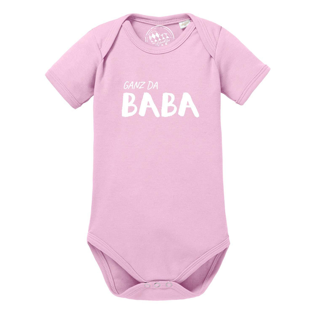 Rosa Baby Body Ganz da Baba! mit Kurzarm und Druckknöpfen aus weicher Bio-Baumwolle für Neugeborene.