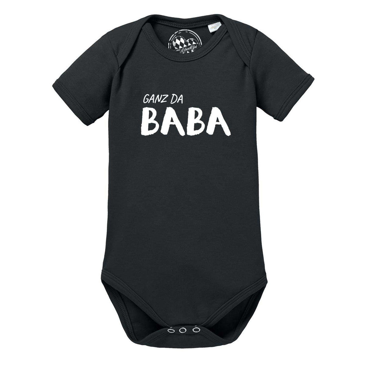 Schwarzer Baby Body Ganz da Baba mit weißem Aufdruck und kurzem Arm, ideal für Babys.