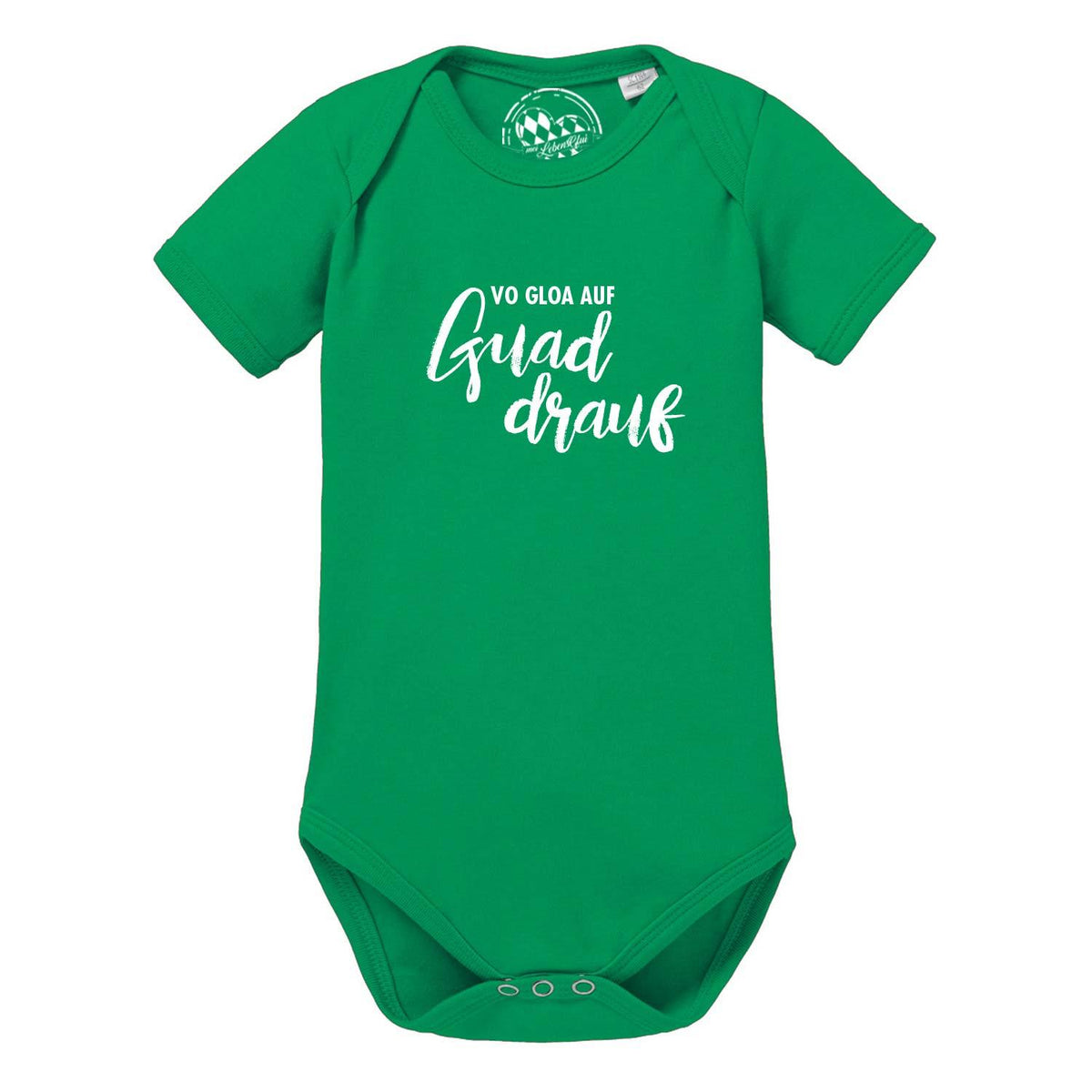 Grüner Baby Body "guad drauf" mit weißem Schriftzug und Druckknöpfen, kurze Ärmel, Baumwolle.