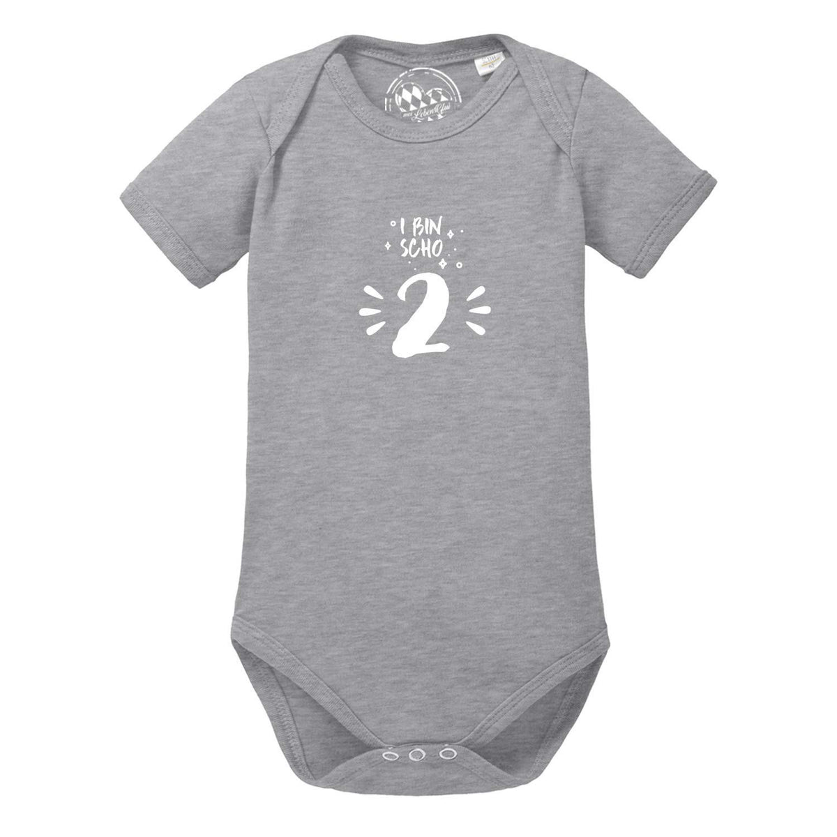 Grauer Baby Body "I bin scho 2!" mit weißem Aufdruck für Geburtstagsfeier von Kleinkindern.