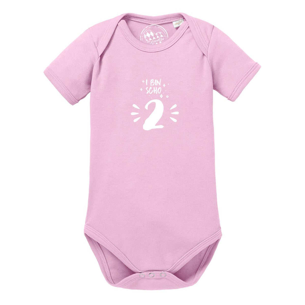 Rosa Baby Body I bin scho 2! mit weißem Druck und kurzen Ärmeln für den zweiten Geburtstag.