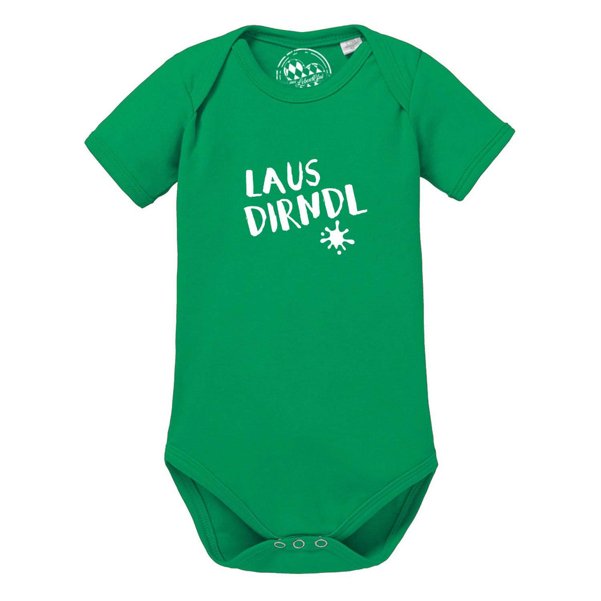 Grüner Baby Body "Lausdirndl" mit weißem Schriftzug und Spritzer, Kurzarm und Druckknöpfen im Schritt.