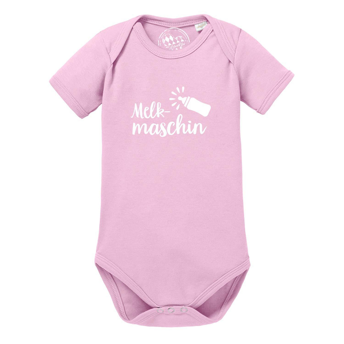 Rosafarbener Baby Body Melkmaschin mit weißem Druck einer Babyflasche, Kurzarm, aus Baumwolle.