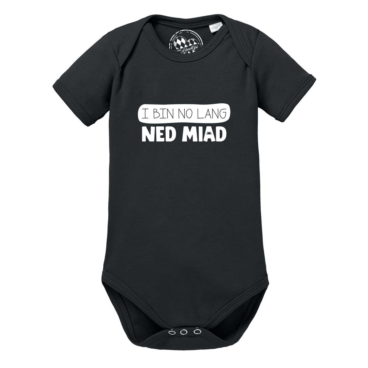 Schwarzer Baby Body no lang ned miad mit weißem Spruch auf der Brust, weiche Bio-Baumwolle für Babys