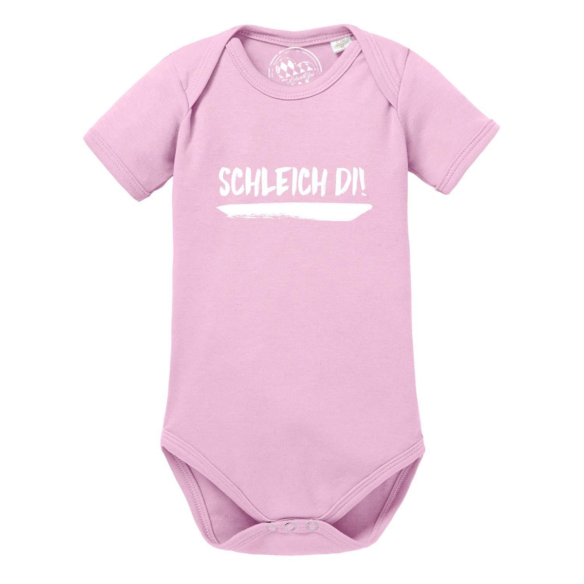 Rosa Baby Body "Schleich di!" aus Baumwolle mit kurzem Arm, Druckknopfverschluss und weißem Schriftzug