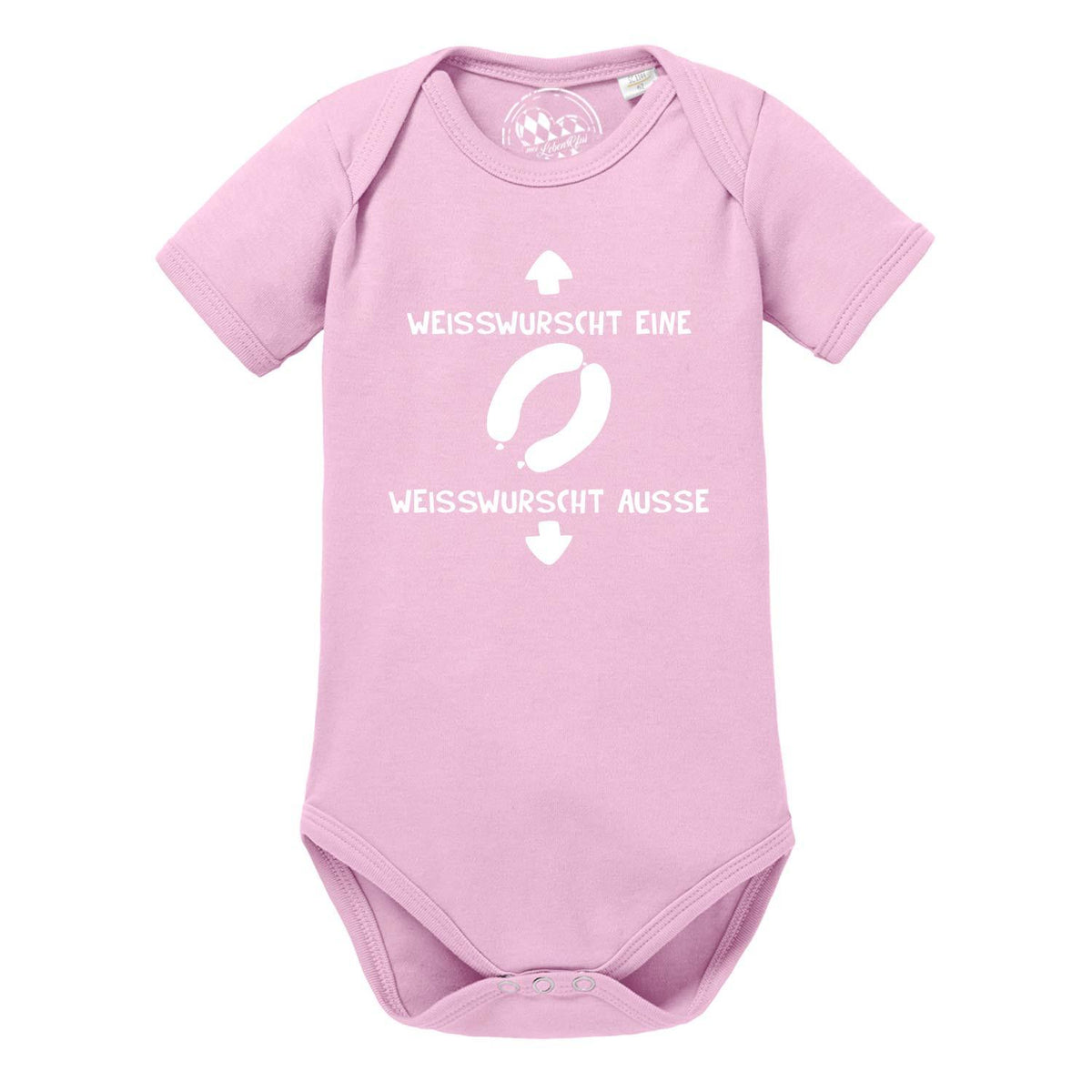 Baby Body "Weißwurscht" in Rosa mit lustigem Spruch und Pfeil-Motiv, bequemer Strampler für Neugeborene.