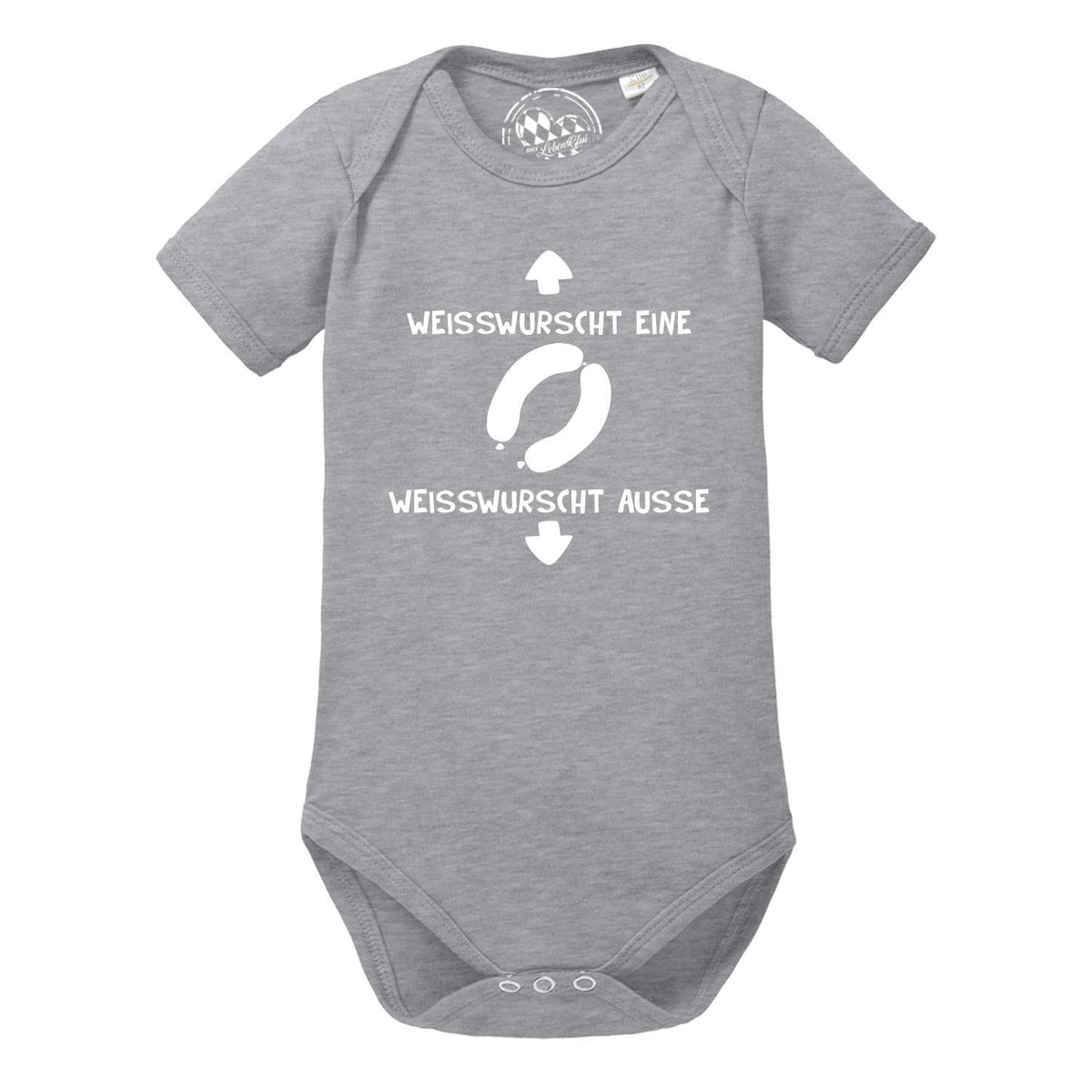 Grauer Baby Body Weißwurscht mit lustigem Aufdruck Weißwurscht eine - Weißwurscht ausse und Pfeilen.