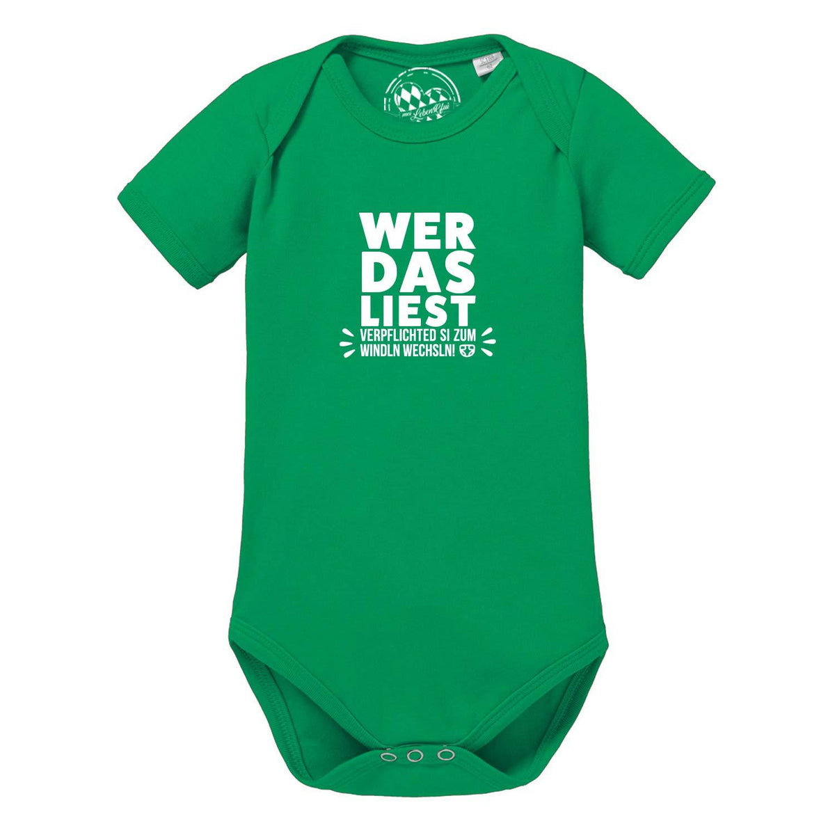 Grüner Baby Body Windln wechsln aus Baumwolle mit kurzem Arm und lustigem Spruch.
