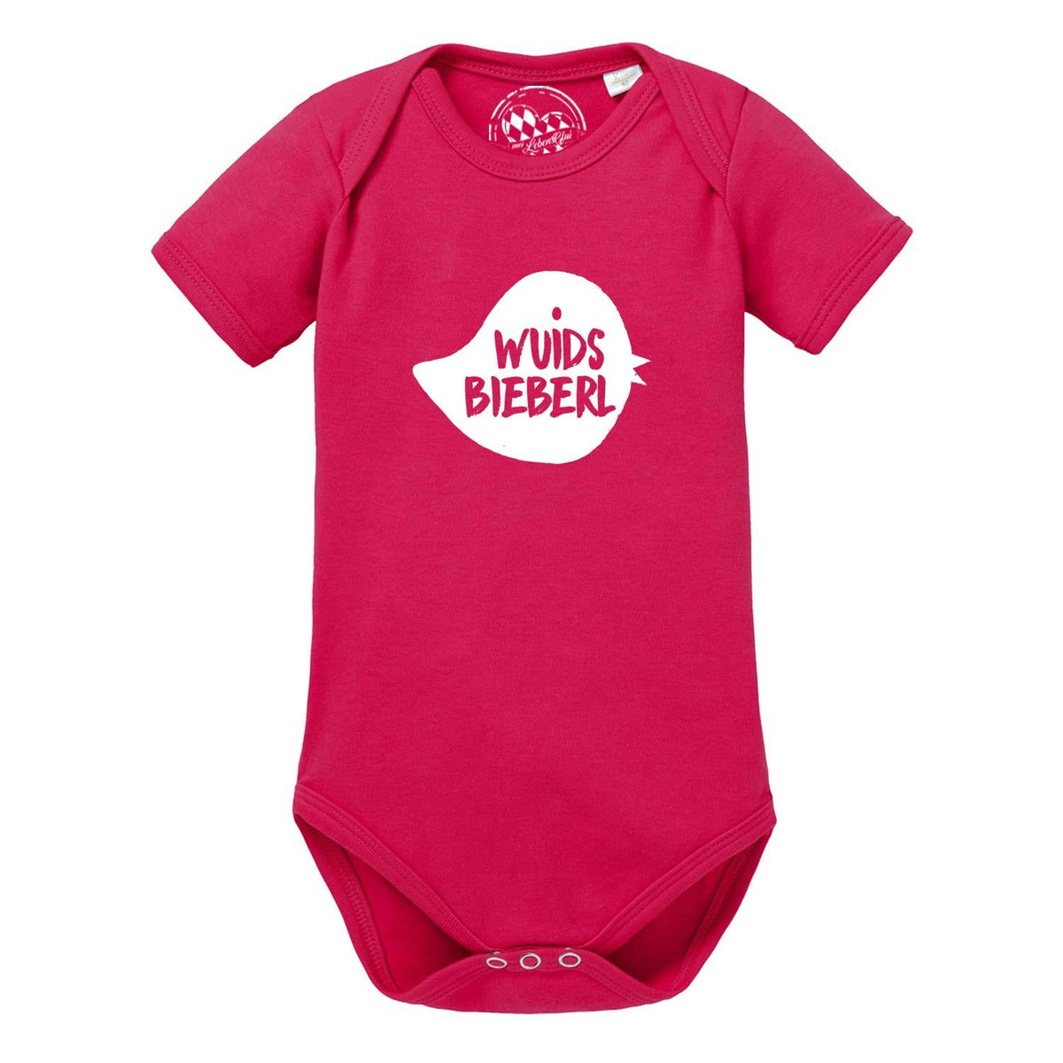 Pinker Baby Body Wuids Bieberl mit weißem Sprechblasen-Print und kurzen Ärmeln.
