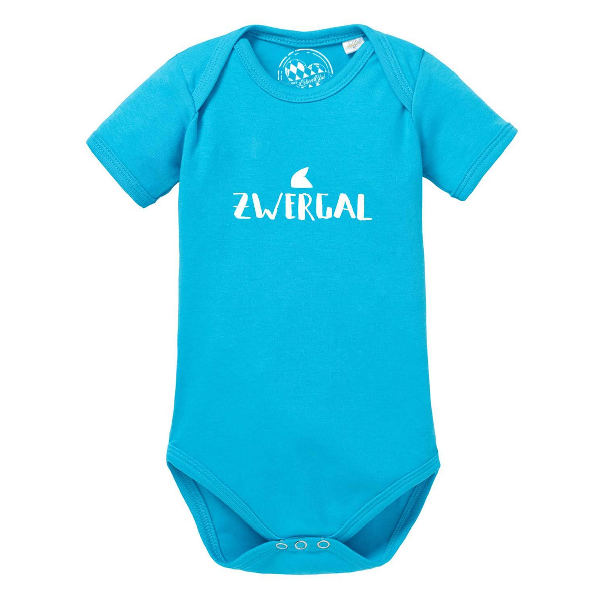Baby Body "Zwergal" in leuchtendem Türkis mit weißem "Zwergal" Aufdruck und kurzen Ärmeln.