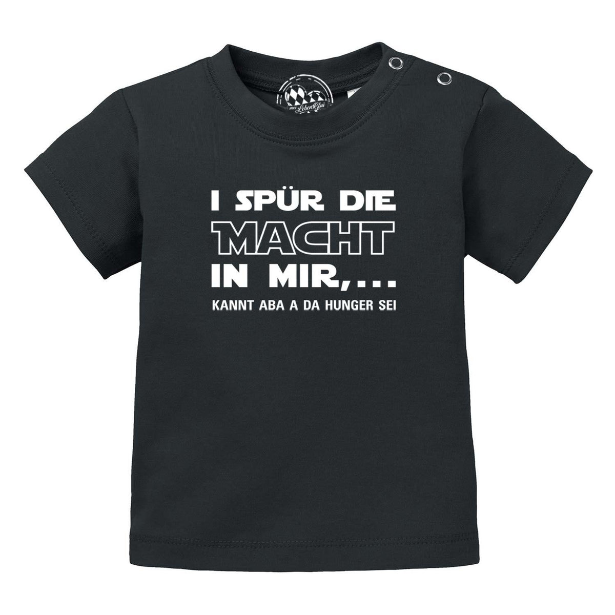 Schwarzes Baby T-Shirt I spür die Macht mit weißem Schriftzug und Druckknöpfen an der Schulter.