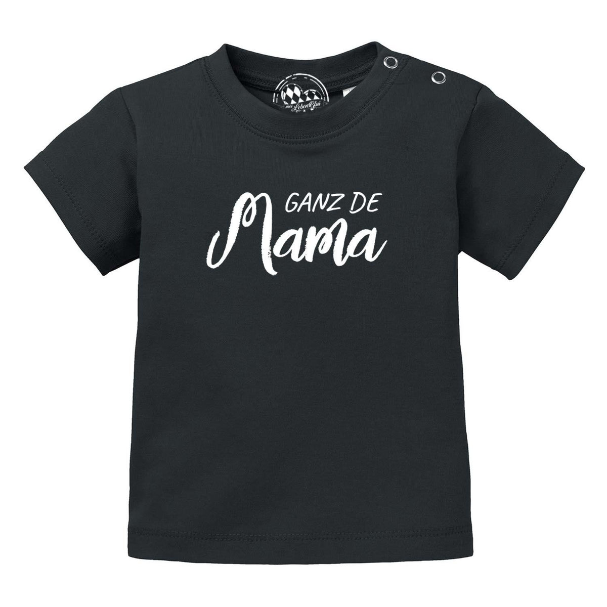 Schwarzes Baby T-Shirt Ganz de Mama in Jersey-Qualität mit weißem Schriftzug und Druckknöpfen an der Schulter